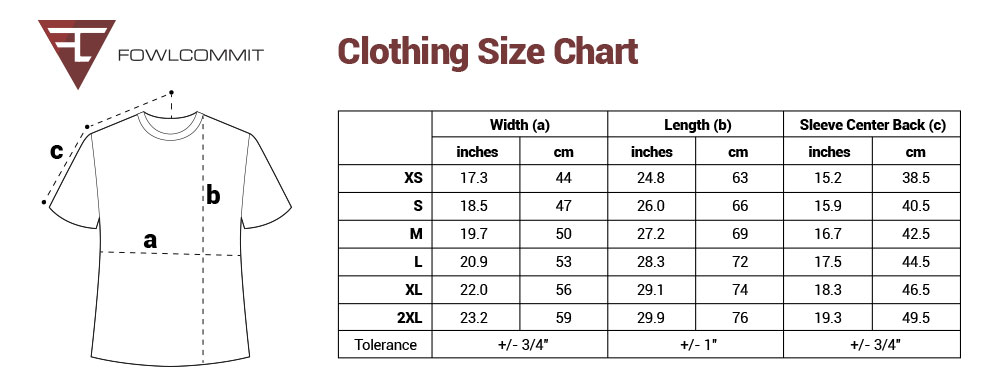 Fowl Commit Company Unisex Tee Size Chart